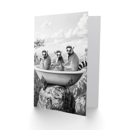 Artery8 Greeting Card Ring-tailed Lemurs in Bathtub Black White Surreal Blank For Him Or Her Art Birthday Card