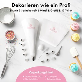 EDELHAUS Premium Icing Bags Set of 2 (17 Pieces) - 30 cm and 40 cm Cotton Piping Bags with Stainless Steel Nozzles for Decorating Cakes, Reusable and Dishwasher Safe, Includes Adapter