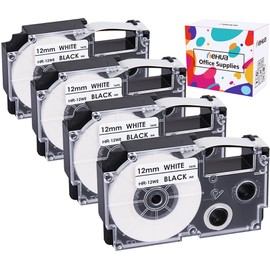 Hehua - Paquete de 4 cintas de etiquetado compatibles con XR-12WE2S de 12 mm, repuesto para cartuchos de cinta Casio Label It de 12 mm, negro sobre blanco XR-12WE XR12WE para impresoras de etiquetas EZ KL-60 KL-100 KL-120 KL-430 KL-750 KL-780 KL-820