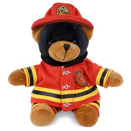 DolliBu Black Bear Firefighter Stuffed Animal with Name Personalization - Super Soft Bear with Red Fireman Costume Outfit and Fireman Hat, Cute Fire Fighter Doll Plush Toy for Kids - 6 Inch