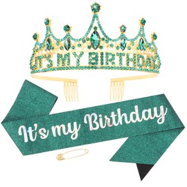 AHONEY Green Birthday Crown and Glitter Sash for Women and Girl Tiara Birthday Accessories for Parties Favors and Decorations, 2 Pack