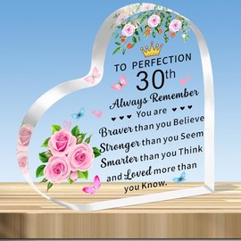 JMIMO 30th Birthday Gifts for Women Inspirational 30th Transparent Heart Shaped Acrylic Plaque Keepsake