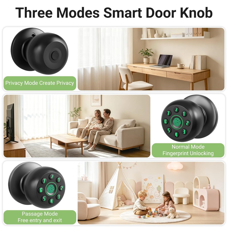 Smart Fingerprint Door Knob for Bedroom, Biometric Door Lock with