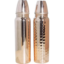ANCIENTIMPEX 30oz Plain Hammered Copper Water Bottle Thermos Set - Unlined, Uncoated and Painted for Ayurvedic Health Benefits