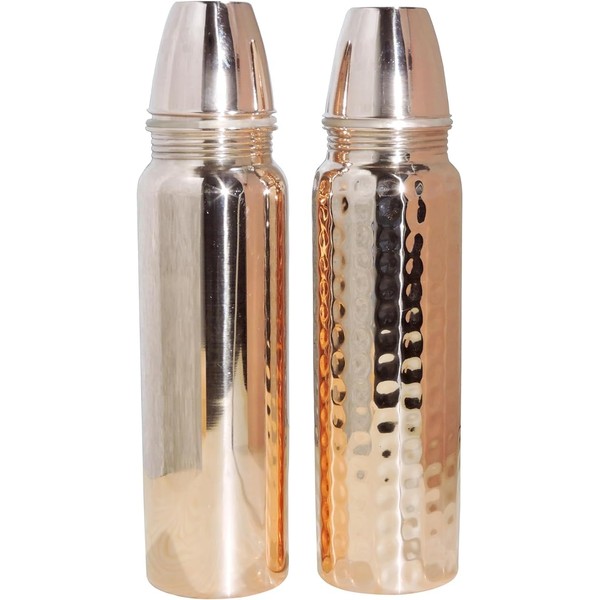 ANCIENTIMPEX 30oz Plain Hammered Copper Water Bottle Thermos Set -