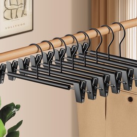 HWAJAN Wooden Pants Hangers with Clips 14Inch 20 Pack Adjustable Wood Skirt Hangers for Women&Men Space Saving Closet Non Slip Clothes Hanger for Jeans,Trousers,Short,Black