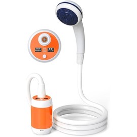 EcoTrek High-Efficiency Outdoor Shower: Adjustable 2-Speed Water Flow, 5200mAh Rechargeable Pump, Smart Digital Display (Temp/Battery), IPX7 Rated, Essential Camping Gear (Orange)
