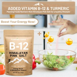 Planting Foods Himalayan Pink Salt with Vitamin B12 & Tumeric – Organic, Kosher 100% Vegan, Kosher Salt, Lab Tested, Fine Grain 16oz | Unrefined Mineral-Rich Cooking Salt & Natural Electrolyte Boost
