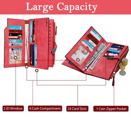 HNOOM Women's Purse, PU Leather Purse, Women's Small and Short Format Purse, Women's Many Compartments, Mini Wallet with 16 Card Slots and Coin Compartment, Red-L, Minimalist