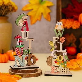 2Pcs Wooden Thanksgiving Table Centerpiece Signs, Wooden Welcome Harvest Tabletop Decorations Signs, Happy Harvest Table Toppers, Centerpiece Decorations for Autumn Home Party Indoor Decor (Owl)