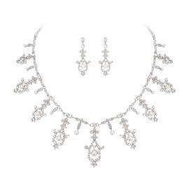 BriLove Wedding Jewelry for Bride, Shiny Rhinestone Simulated Pearl Necklace Earrings Set for Women Party Prom Accessories Clear Silver-Tone
