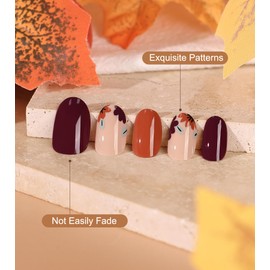 Kikmoya 24Pcs Fall Press on Nails Short Oval Round Red and Pink Fake Nails with Flowers Designs Glossy False Nails Autumn Nails Full Cover Stick on Nails for Women (Red and Pink with Flowers)