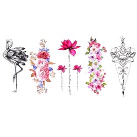 QC-2 Lotus Flowers Tattoos Flamingo Fake Tattoos 5 Sheets Set