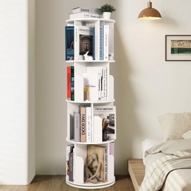 Garvee Rotating Bookshelf, 360 Display Wood Spinning Tower, 5 Tier Floor Standing Bookcase Storage Rack, Revolving Bookcase Corner Bookshelfs for Corner Space, Bedroom, Study Room, White