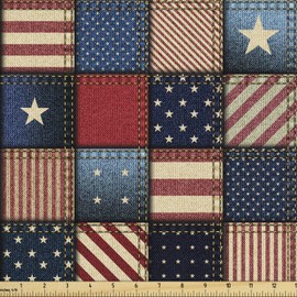 Lunarable United States Fabric by The Yard, American Flag Patchwork Vertical and Horizontal Stripe Star Forms, Decorative Fabric for Upholstery and Home Accents, 5 Yards, Blue Red