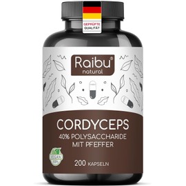 Raibu Cordyceps Capsules High Dose 200 Capsules with 2100 mg Mushroom Extract (10:1) per Daily Dose (21,000 mg Cordyceps) - 40% Polysaccharides - Cordyceps Sinensis with Black Pepper Laboratory Tested