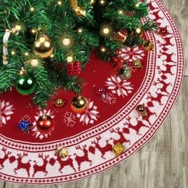 Minicoco Large Christmas Tree Skirt, 48 Inch Red Christmas Tree Skirts Thick Knitted Double-Sided Christmas Tree Decorations with Snowflakes and Reindeer Xmas Tree Skirt for Indoor Holiday Party