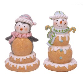 Mark Feldstein & Associates Frosted Gingerbread Snowman and Penguin Holiday Tabletop Figurines, Set of 2, 5 Inch