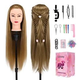 28" Mannequin Head With Hair Cosmetology Manikin Practice Braiding Doll Head For Hair Styling Training Head For Braiding Hairdressing With Free Wig Head Stand Hair Styling Tools Set (Golden)