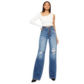 Kan Can Women's Ariena Ultra High Rise 5 Button Fly 90's Flare Jeans KC7373EMV5 (Medium Blue, 1)