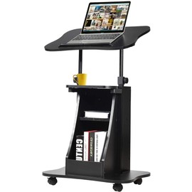 Mobile Laptop Desk, Height Adjustable Podium Stand w/ 4 Wheels & Tiltable Desktop, Rolling Lectern Cart Laptop Desk with Storage Shelves for School, Office, Home, Black