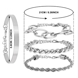 Yolev Gold Silver Chain Bracelet Sets for Women Girls Fashion Beaded Chunky Flat Cable Chain Punk Bracelets Jewelry Adjustable Layered Metal Link Bracelet Set (silver)