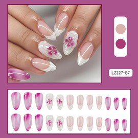 Medium Press on Nails Almond Fake Nails French Tip with Nude White Pink 3D Flower Designs Full Cover False Nails Glue on Nails Cute Acrylic Thick Stick on Nails for Women Nails Art 24Pcs LZ227-B7