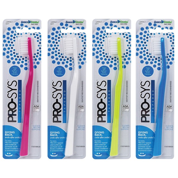 PRO-SYS® Adult Tapered Soft Toothbrush (Colorful 4-Pack) - ADA Accepted, Made with Soft Dupont™ bristles