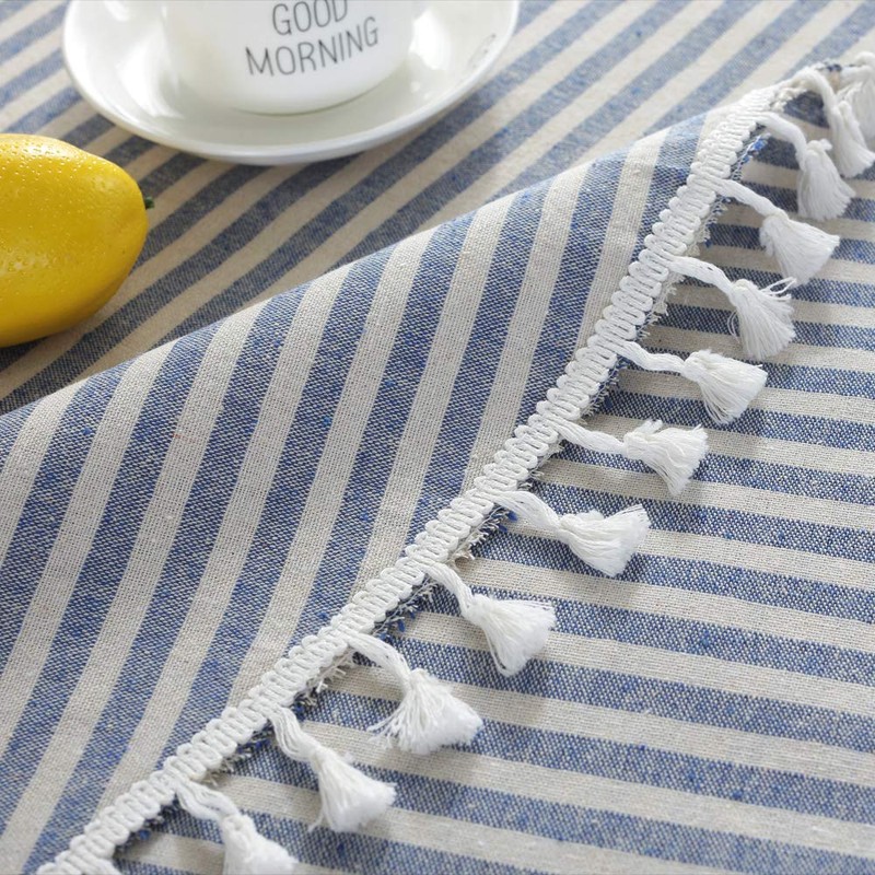 Plenmor Cotton Linen Table Cloth Stripe Tassel Round Tablecloth Dust-Proof