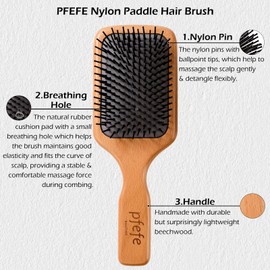 pfefe Wooden Paddle Hair Brush - Square Detangling Reducing Breakage Hairbrush for Men & Women, Beechwood Air Cushion Brush with Travel Bag for Thick, Curly, Wet, Dry Hair