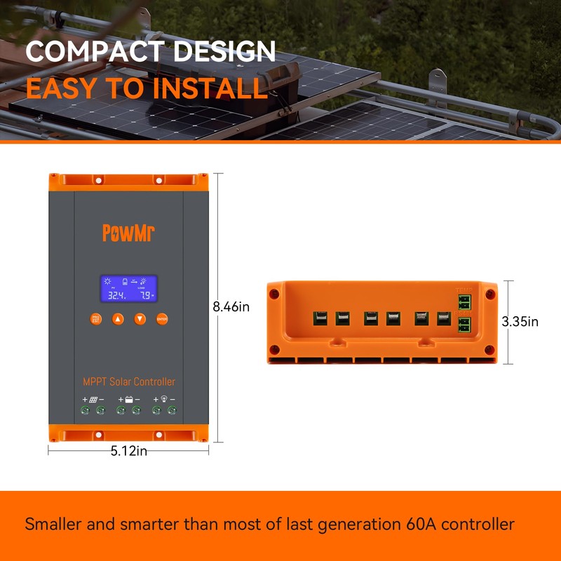 PowMr 60A MPPT Solar Charge Controller, 12V/24V/48V/160V(Max) DC Input, Bulit