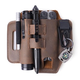 Topstache Multitool Sheath for Belt - EDC Belt Organizer - Leather Multitool Holster with Flashlight Holder, Elastic Band Pen Holder and Keychain Clip - Multitool Holder - Multitool Pouch, DarkBrown