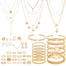 Bcxfbxd 54 Pcs Gold Jewelry Set for Women Multi Layered Necklace Knuckle Rings Stackable Bracelets Dainty Ear Clips Fashion Jewelry set Anniversary Birthday Valentine Gifts for Women Girls