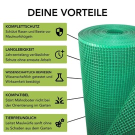 Florade® Premium Mole Mesh | Green | 270 g/m² | Effective Protection for the Garden | Robust, Durable, Easy to Use | Prevent Mole Hills | Mesh: 14 mm / Width: 0.6 m / Length: 20 m