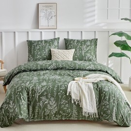 Lekesky Bed Linen 220 x 240 cm, Bed Linen 3-Piece Duvet Cover, Olive Green Sage Pattern, 220 x 240 cm Microfibre Bed Linen Set with Pillowcase with Zip 80 x 80 cm x 2, Olive Green