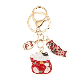 POYAMUSE Japanese Style Lucky Cat Keychain – Maneki Neko Fortune Charm with Fish, Feng Shui Good Luck Pendant for Bags or Keys (Fish-red)