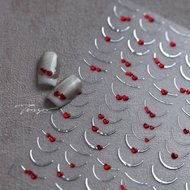 French Tip Nail Art Stickers Silver Self Adhesive Nail Decals with Red Heart Rhinestone 1PCS Silver French Line Stripes 5D Engraved Nail Stickers Y2K Curve Manicure Supply for Women Decoration