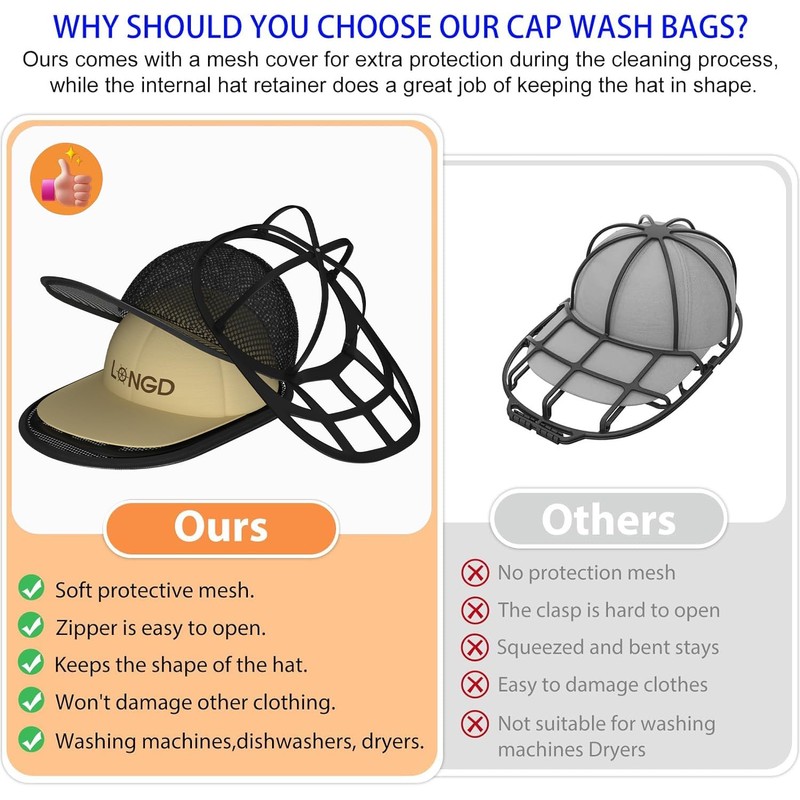 LONGD Baseball Cap Washer Cage - Sturdy Frame Laundry Protector