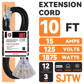 EP 10 Ft Lighted Outdoor Extension Cord with 3 Electrical Power Outlets - 12/3 SJTW Heavy Duty Black Extension Cable with 3 Prong Grounded Plug for Safety, UL Listed