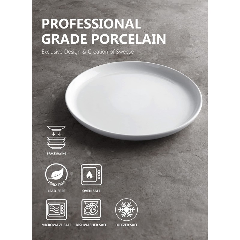 Sweese Porcelain White Dinner Plates Set of 6, 10 Inch