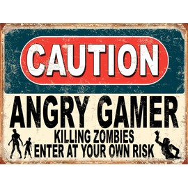 Shawprint Caution Angry Gamer Killing Zombies Enter At Your Own Risk Funny Metal Signs Father's Day Home Pub Indoor & Outdoor Garden Bar Garage Vintage Wall Plaque Gift Retro (A4 (210mm x 297mm))