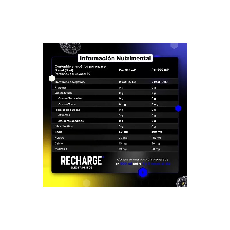 Recharge Electrolitos En Polvo 60 Porciones Sabor Moras 252g