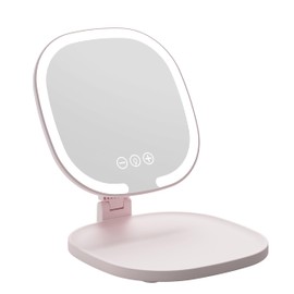 Rechargeable LED Travel Makeup Mirror, 3-Color Lighting, Dimmable Touch Screen, Multi Angle Adjustable, Foldable and Portable Desktop Vanity Mirror with Storage Tray (Pink)