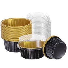 HARFINGTON 50Pcs Baking Cups with Lids 5oz Aluminum Foil Liners Mini Disposable Containers Cups Holder Cases Boxes Pan for Dessert Wedding Party, Black/Gold Tone