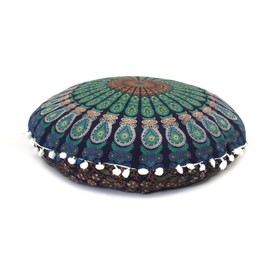 Round Mandala Floor Pillow Cover Seating Cushion Throw Cover Hippie Decorative Bohemian Ottoman Pouf Cover, Pom Pom Pillow Cases,Boho Indian 22 Inches (Red Yellow) (BLUE NEP)
