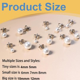 JEXOWIQ Pearl Earrings – 7 Pairs Pearl Earrings, Silver Pearl Stud Earrings Set, Hypoallergenic, Small Silver Stud Earrings, Pearl Stud Earrings for Women, Girls, Men, 4/5/6/7/8/10/12 mm