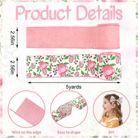 Threetols 2 Rolls 10 Yards Floral Wired Edge Ribbon, 2.5inch Pink Flower Burlap Ribbon, Pink Gift Wrapping Ribbon for Farmhouse Party DIY Craft Spring Wreaths Bow Decoration