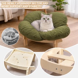 SJHX-ZYH Elevated Wooden Cat Bed with Fluffy Removable Cushion, Modern Petal Shaped Cat Couch Sofa for Indoor Cats Small Dogs 40lbs Capacity Easy to Assemble (Green)