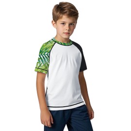 ANGEL CITIZ Boys' Short-Sleeved Crew Neck Swimming Shirt UV Children's Rash Guard UPF 50+ Swimming Shirt Children 125-155, White print