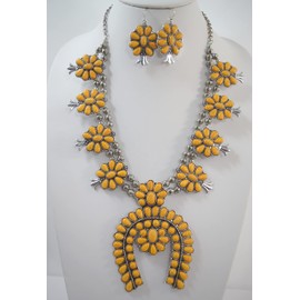 Skelapparel Southwestern Western Yellow Large Squash Blossom Statment Necklace and Earrings Set